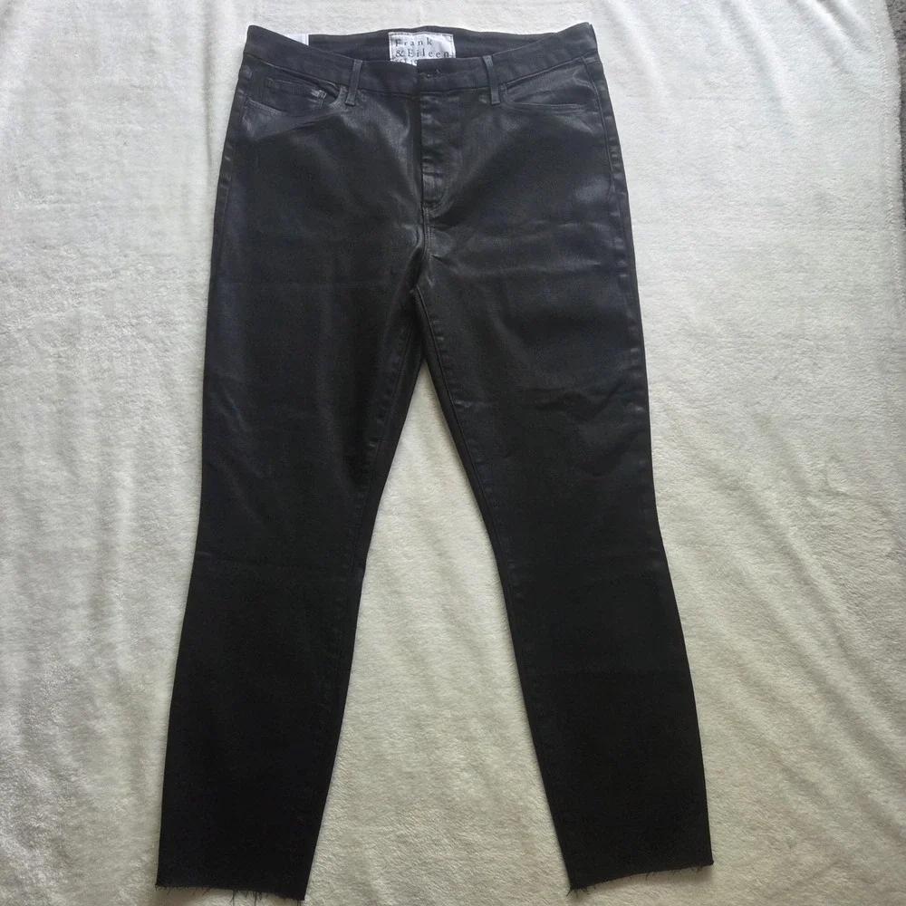 Frank & Eileen Sligo Skinny Black Stretch Italian Waxed Denim Jeans Raw Hem 32